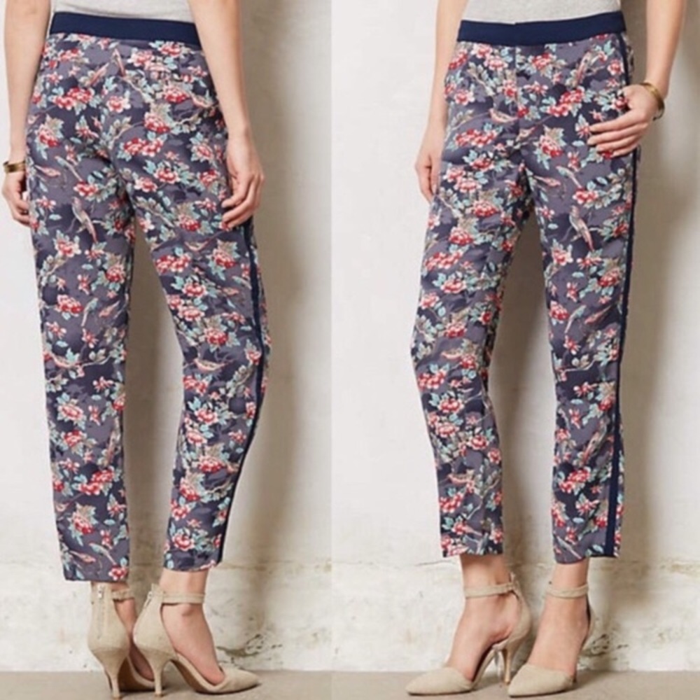 Anthropologie Elevenses Floral Bird Print Ankle Trouser Pants
